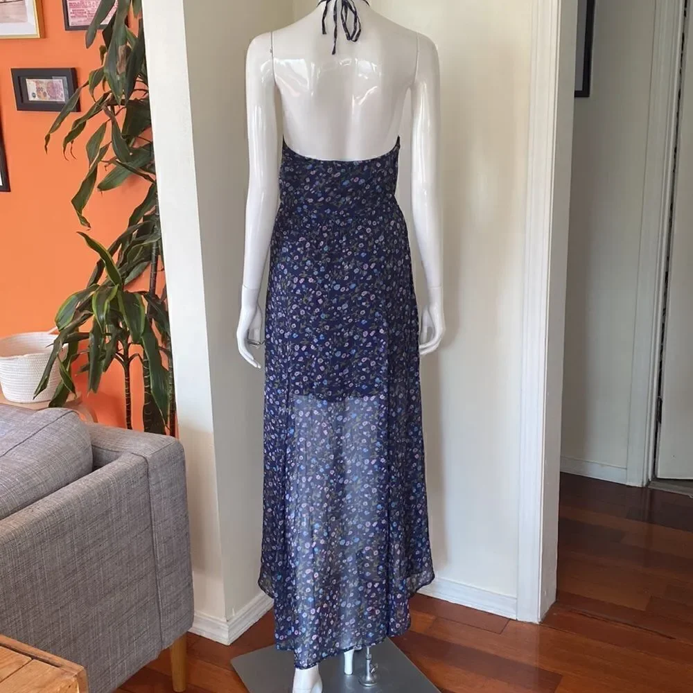 Abercrombie & Fitch Navy Halter Chiffon Floral High  Low Hem Maxi Dress Size XS